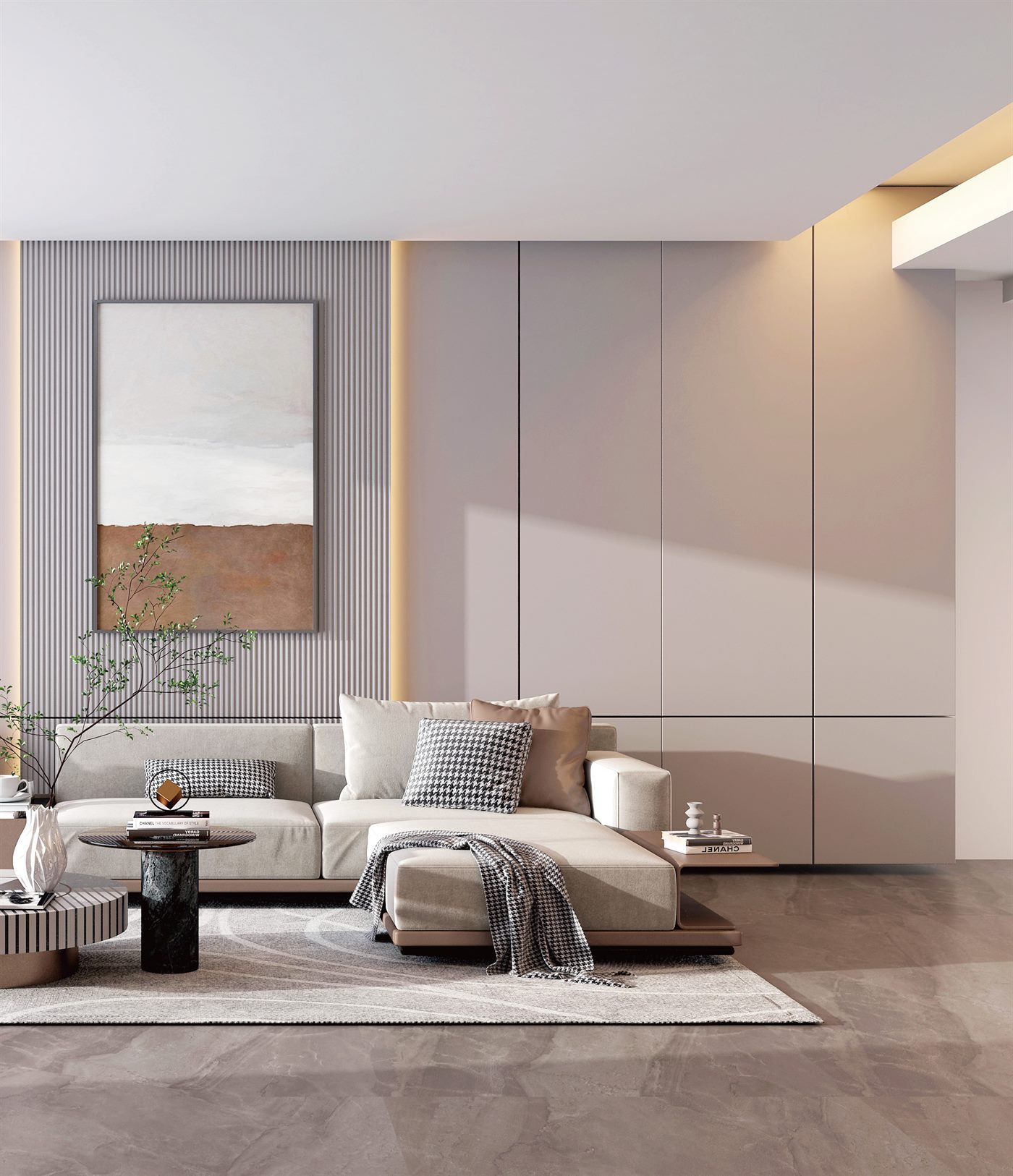 Living room lighting with wall washing and downlights