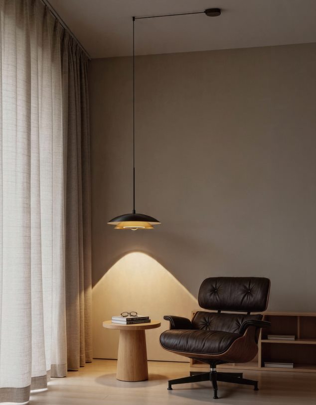 Warm pendant light above a lounge chair